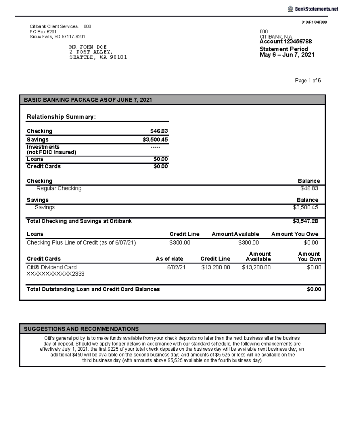 Citibank Bank Statement Bank Statements - 010/R1/04F Citibank Client ...