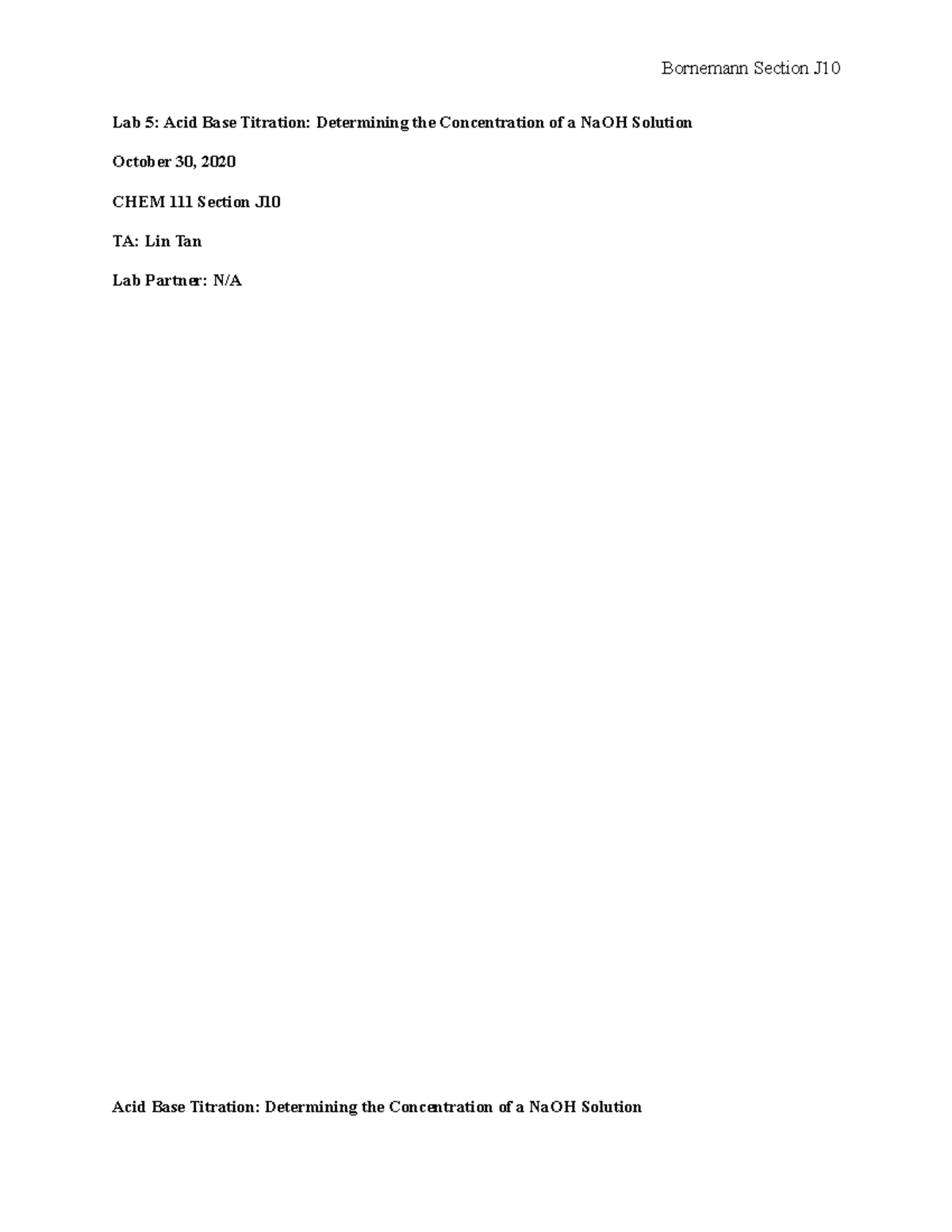 Chem Lab Report - acid base titration lab - Lab 5: Acid Base Titration ...