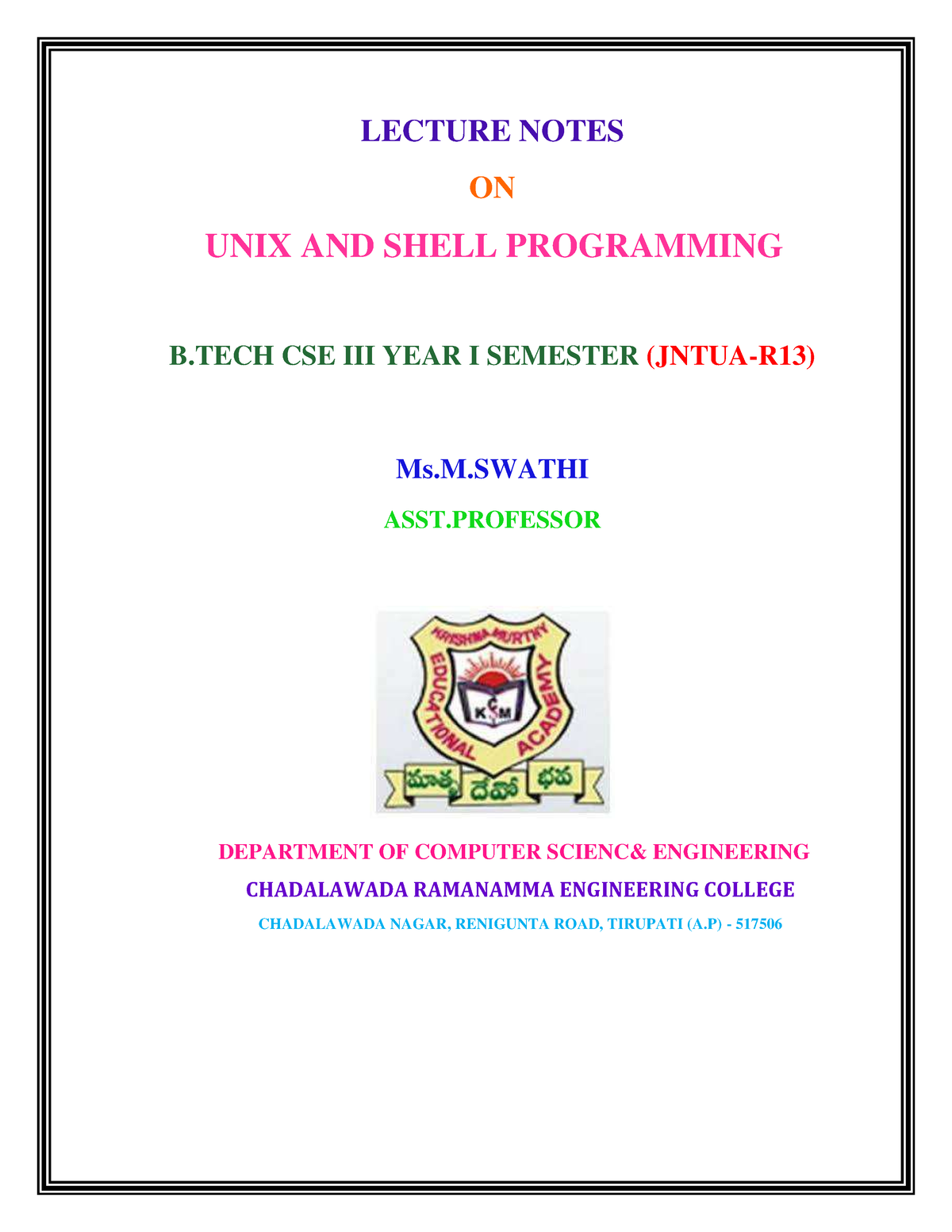 UNIX AND Shell Programming LECTURE NOTES ON UNIX AND SHELL