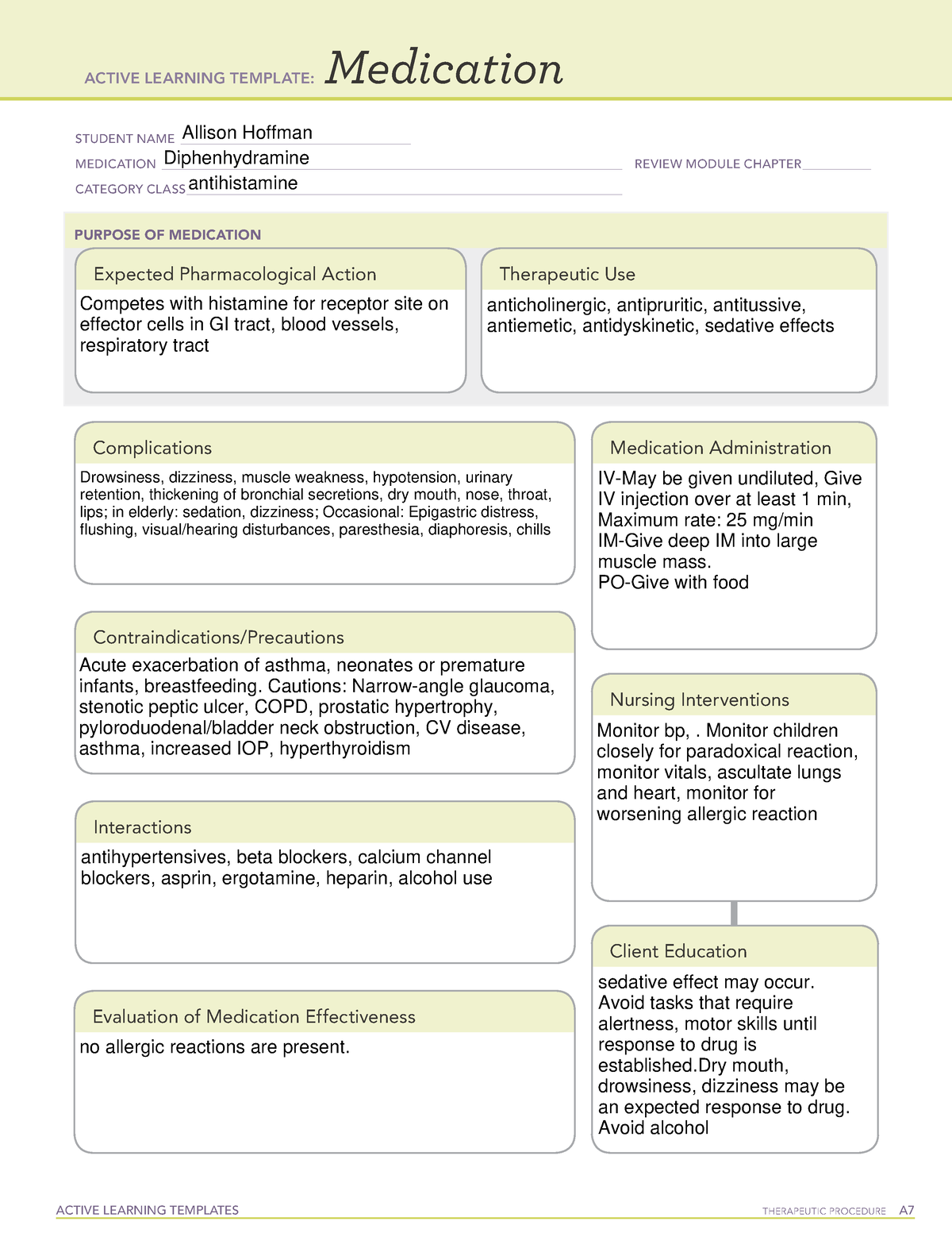 Diphenhydramine med card ACTIVE LEARNING TEMPLATES THERAPEUTIC