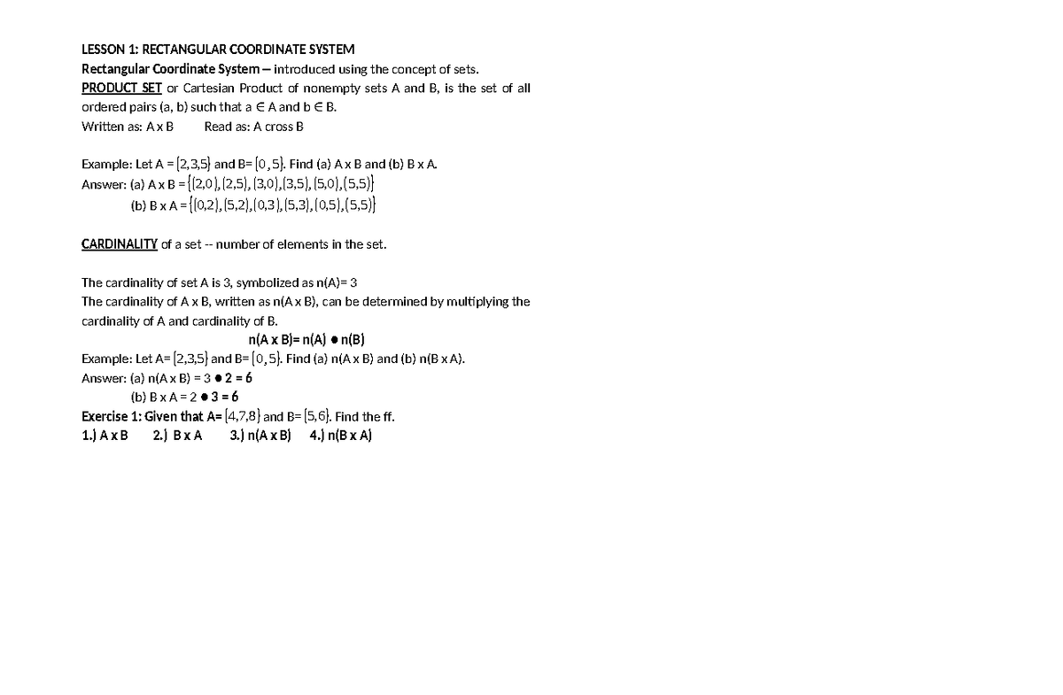 October 2 (Rectangular Coordinate System) Grade 8 - LESSON 1 ...