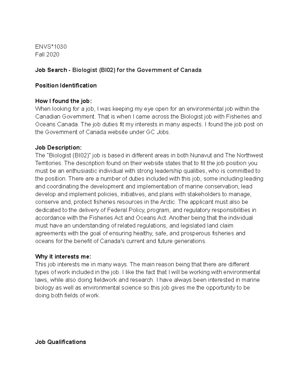 ENVS - Job Search Assignment - ENVS* Fall 2020 Job Search - Biologist ...