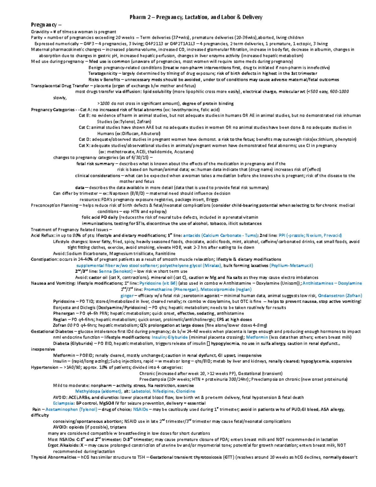 Pharm 2 – Pregnancy, Lactation And L&d Meds - Pharm 2 – Pregnancy 