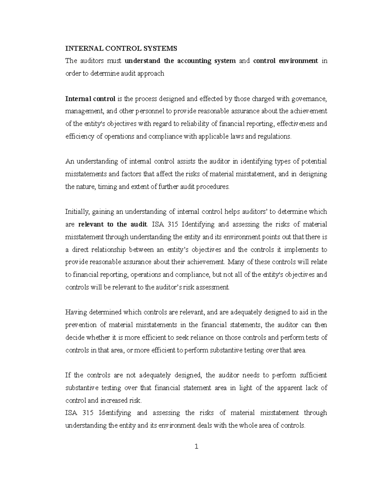 Internal control Notes - INTERNAL CONTROL SYSTEMS The auditors must ...
