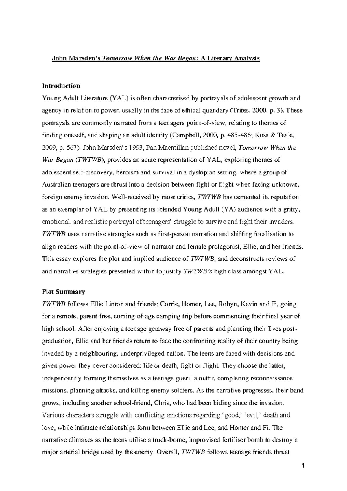 Eub152 Example Assign 1 John Marsden s Tomorrow When The War Began 