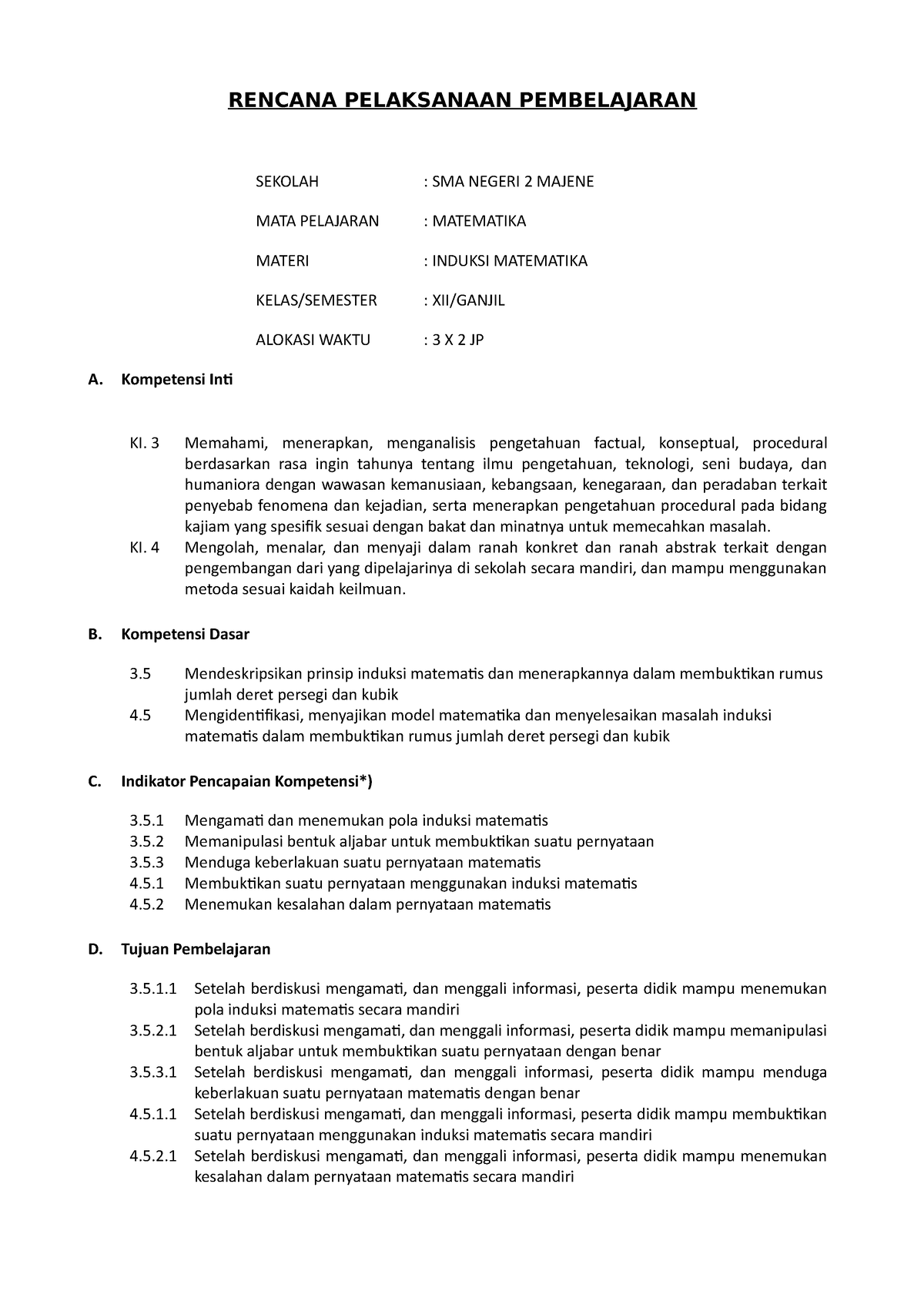 RPP Induksi Matematika - RENCANA PELAKSANAAN PEMBELAJARAN SEKOLAH : SMA ...