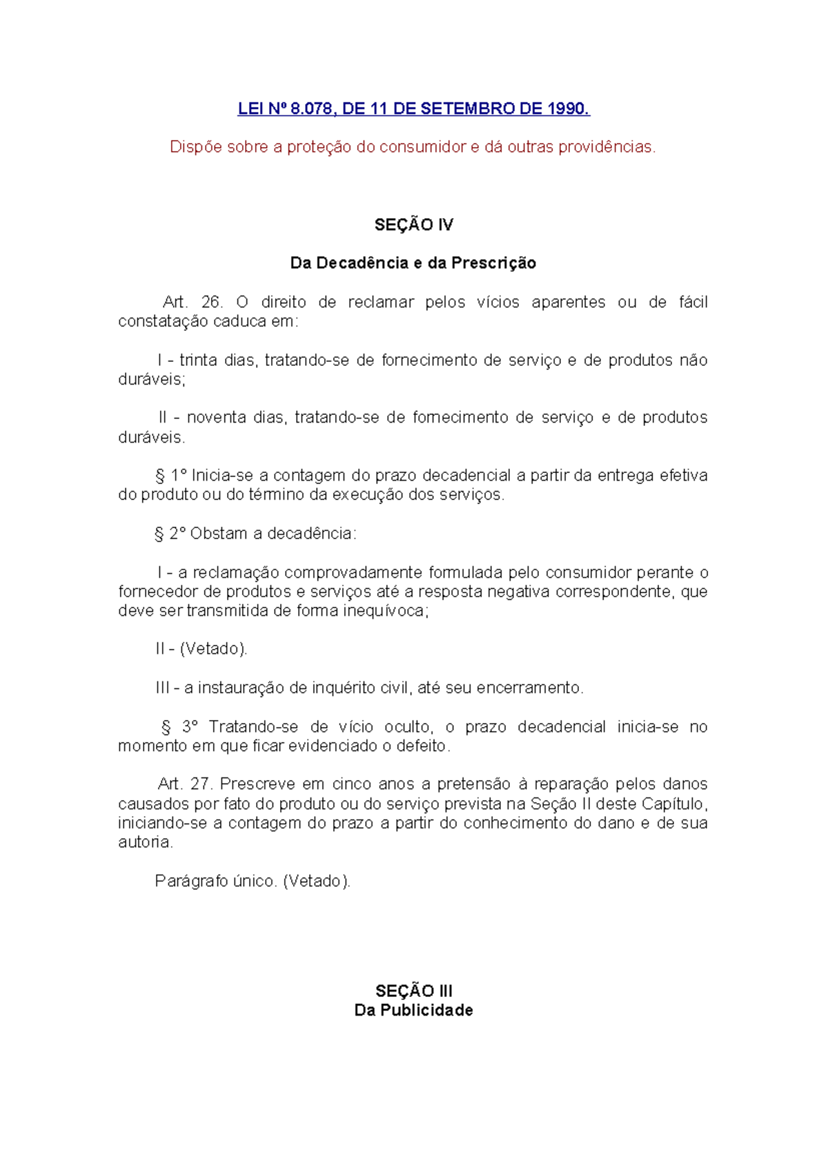 CDC Prescrição E Decadência, Publicidade E Práticas Abusivas - LEI Nº 8 ...