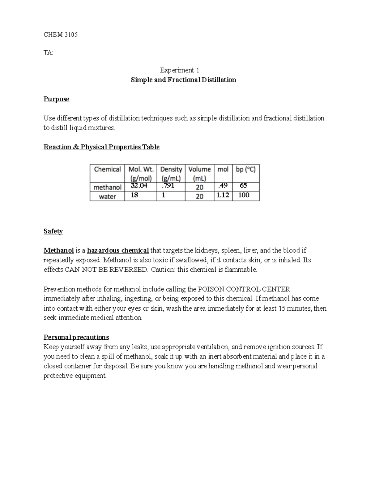 Lab 1 Report TA Experiment 1 Simple and Fractional Distillation Purpose Use different types