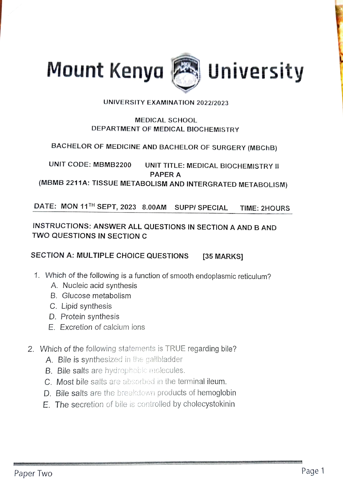 Tissue Met 1 - Mount Kenya UNIVERSITY EXAMINATION 2022/ UNIT CODE: MBMB ...