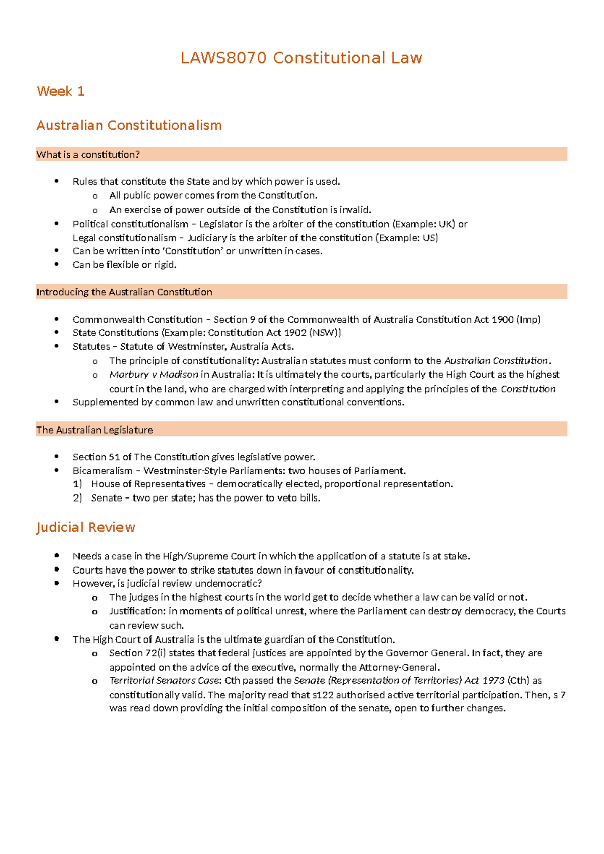 LAWS8070 Constitutional Law notes Week 1 + 2 - LAWS8070 Constitutional ...