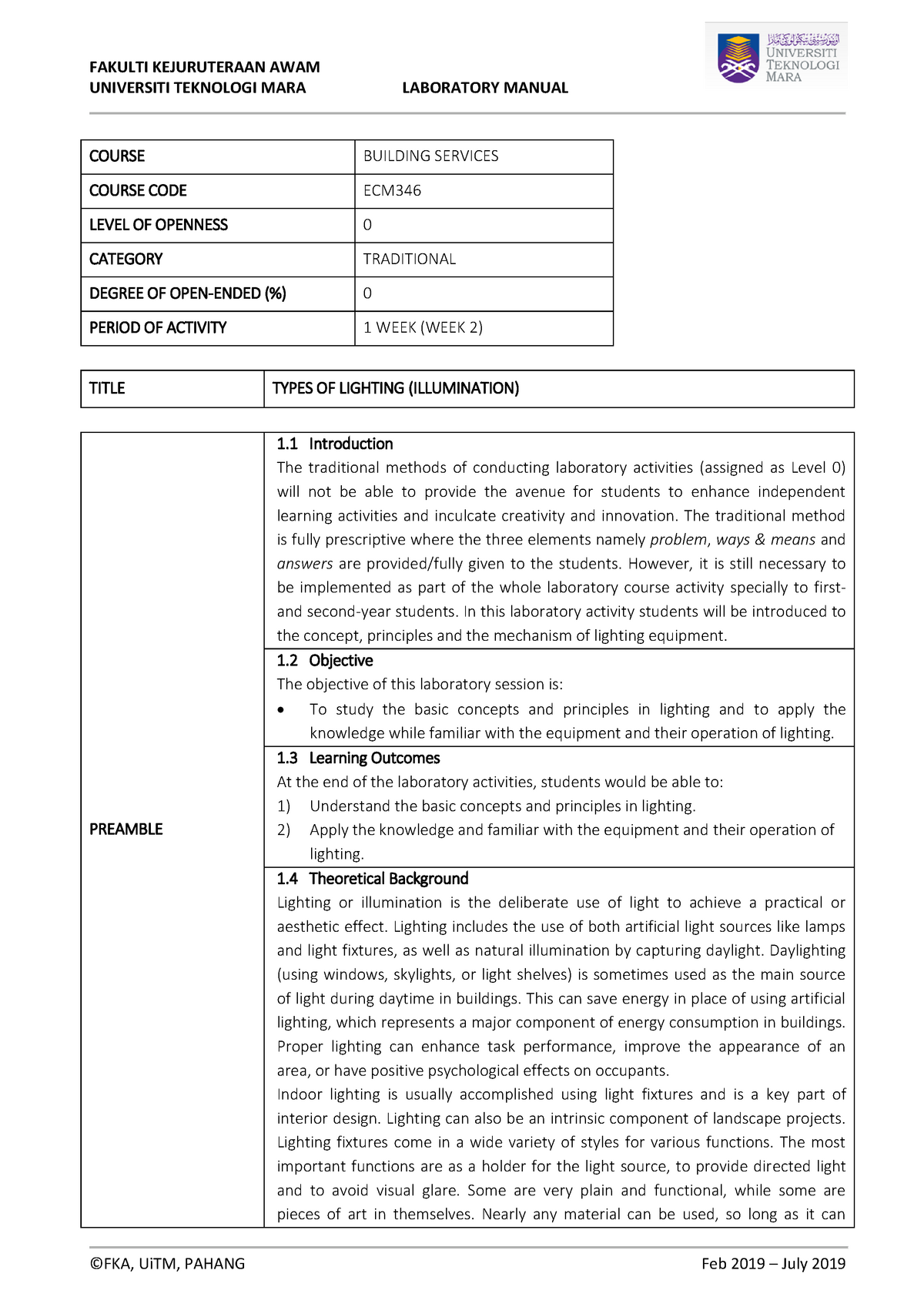 LAB 1 Types OF Lighting @ Illumination (Level 0) - FAKULTI KEJURUTERAAN ...