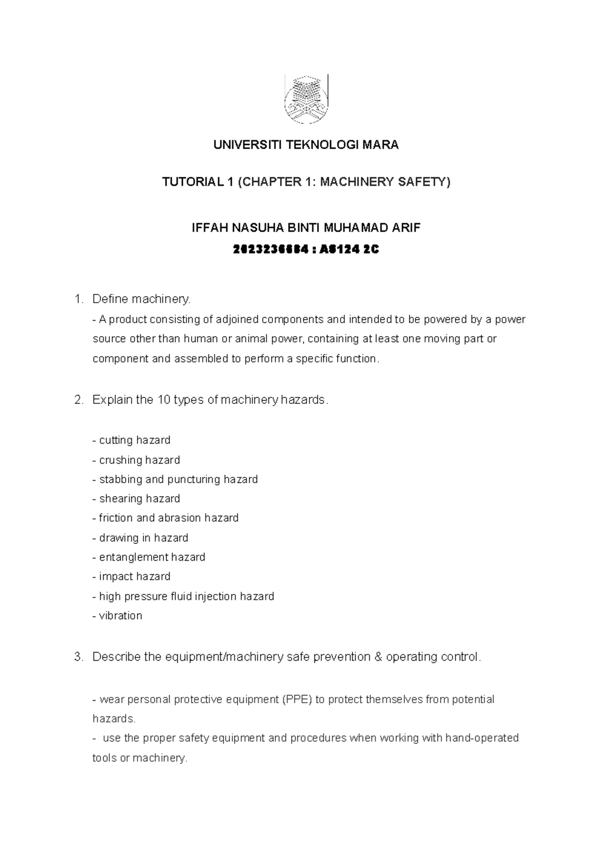 Tutorial Chapter 1 Machinery Safety - UNIVERSITI TEKNOLOGI MARA ...
