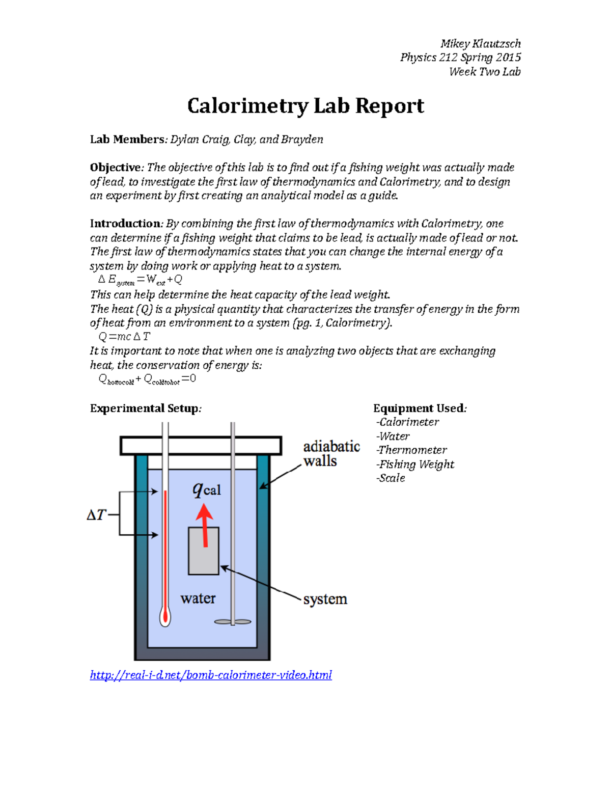 Calorimetry Lab Report Physics 212 General Physics With Calculus 212