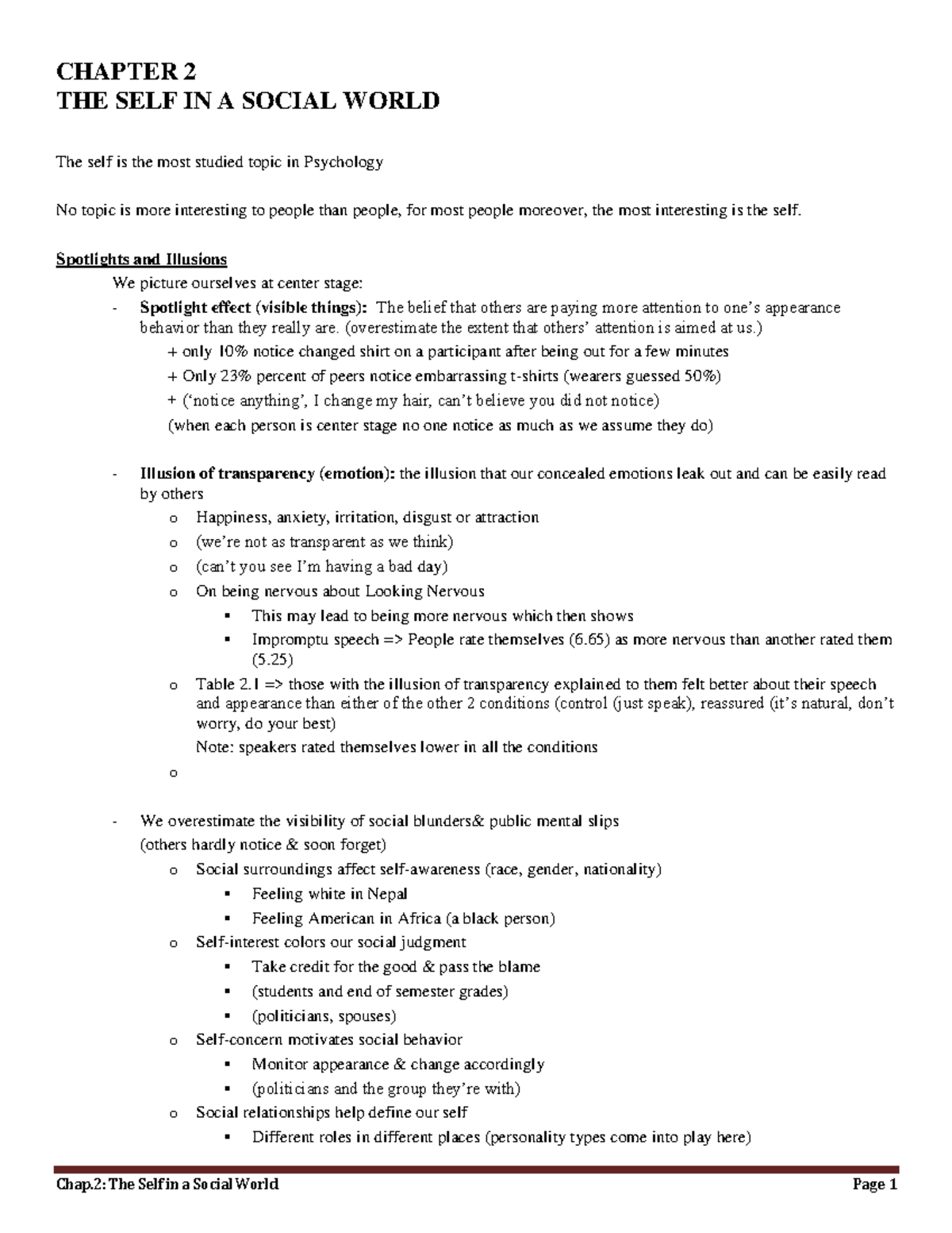 Social Chpt 2 Outline - CHAPTER 2 THE SELF IN A SOCIAL WORLD The self ...