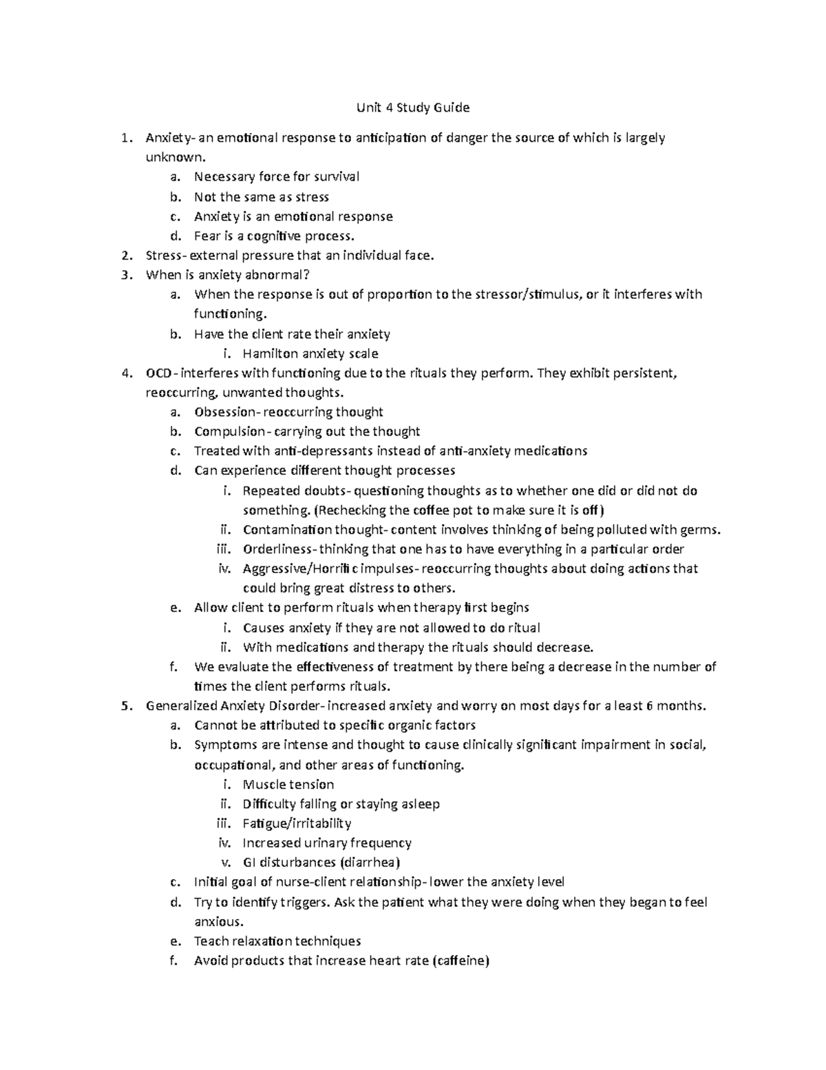 Unit 4 study guide for mental health Unit 4 Study Guide Anxiety an