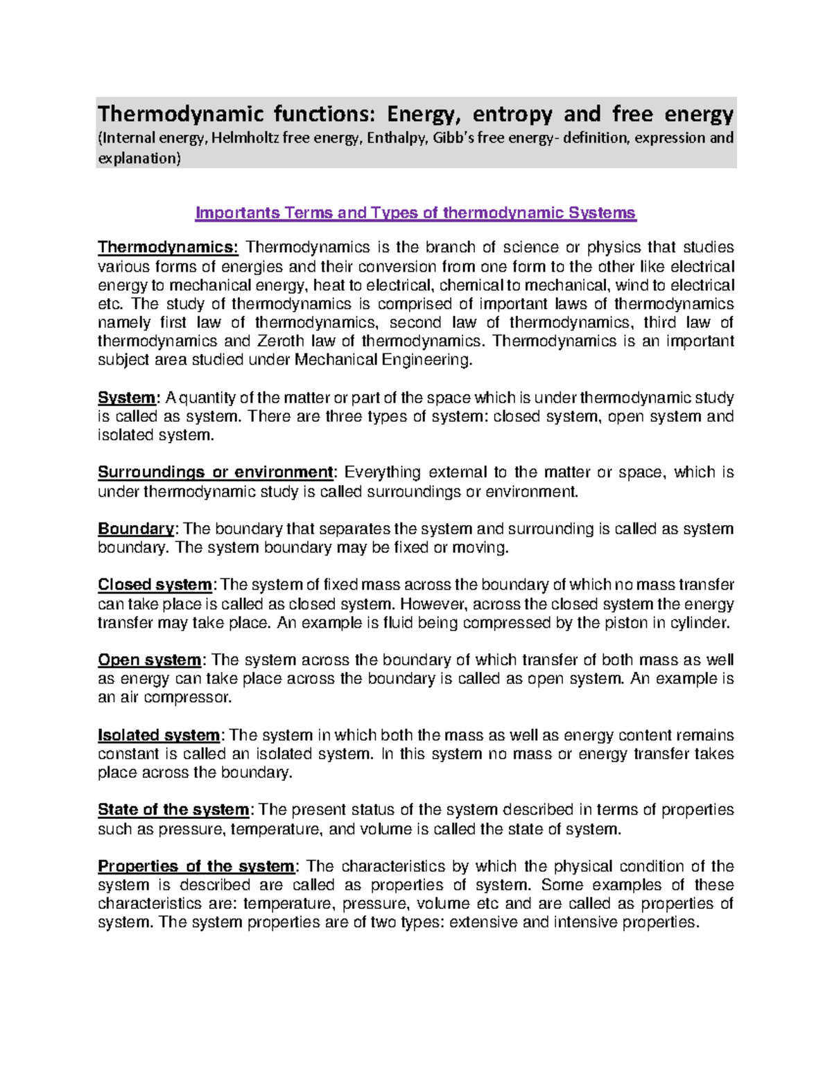 unit 2: thermodynamics - Thermodynamic functions: Energy, entropy and ...