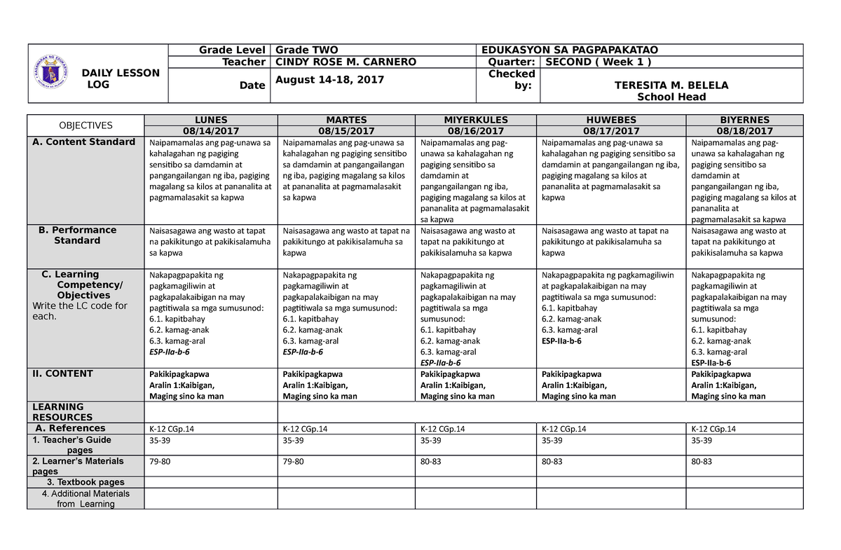 2nd Quarter Week 1 With Reflection Grade 2 Daily Lesson Log Grade 2878