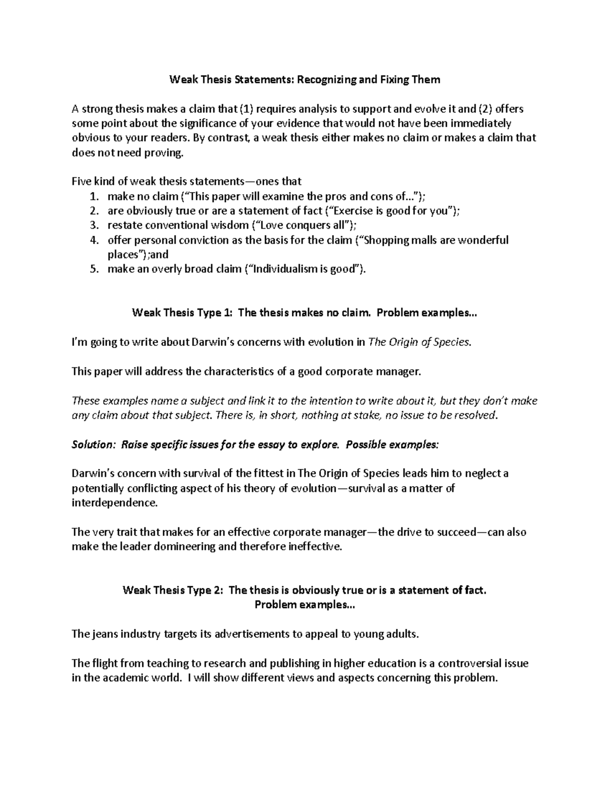 thesis strong or weak worksheet