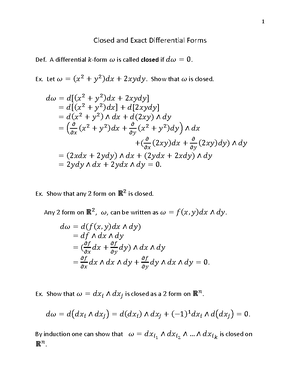 Closed Calculus III Closed and Exact Differential Forms Def. A