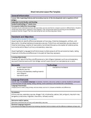 Disciplinary Literacy Task 2 Writing - Direct Instruction Lesson Plan ...