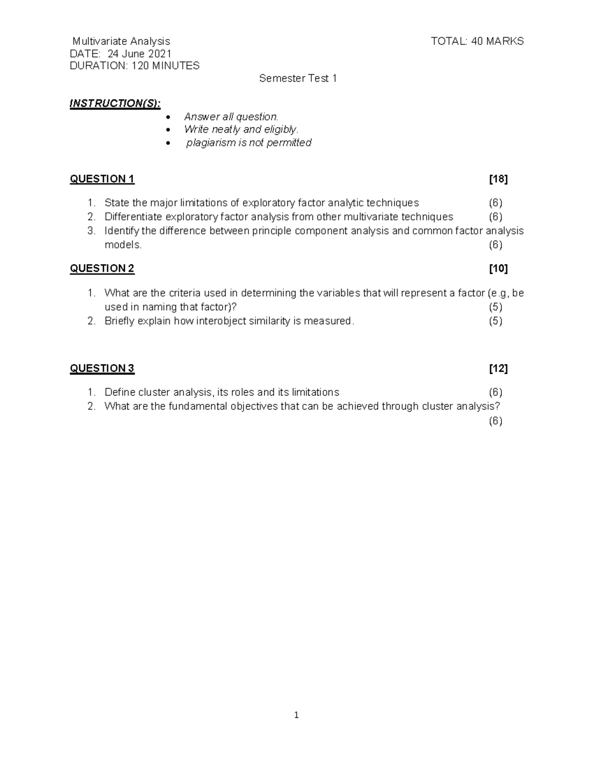Multivariate semester test 1 2021 - Multivariate Analysis TOTAL: 40 ...