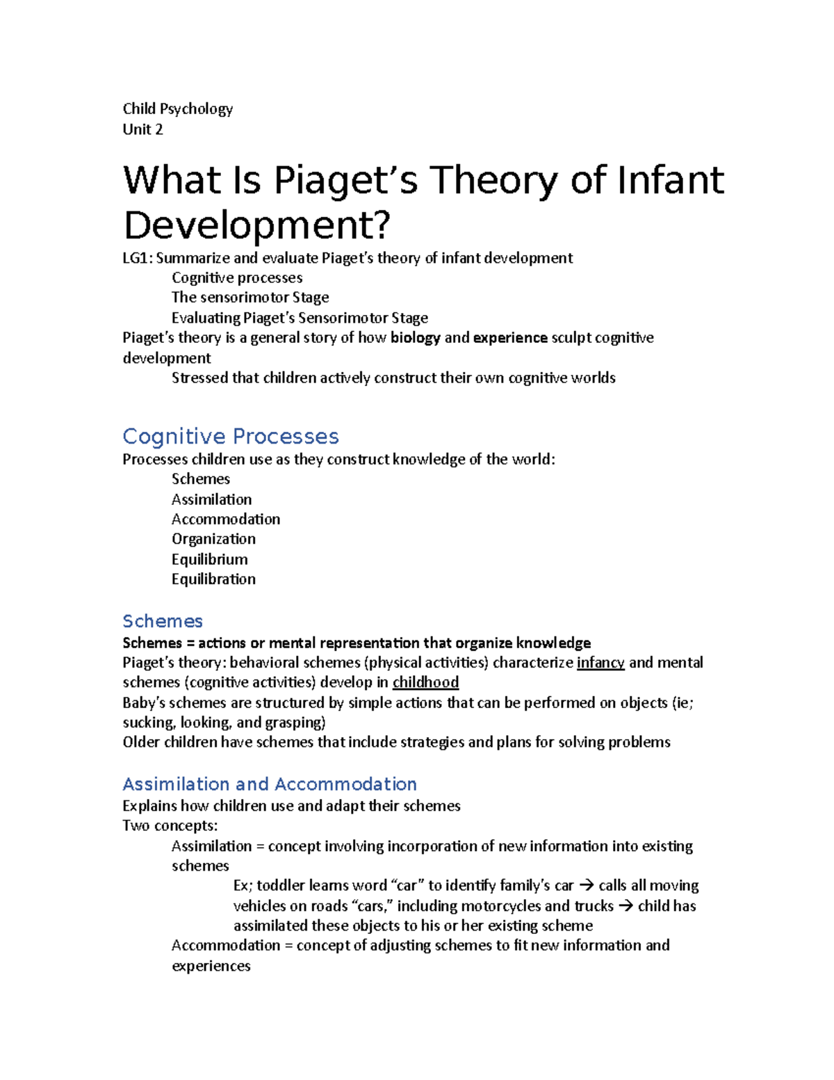 Child psych unit 2 piaget s theory of infant development Child