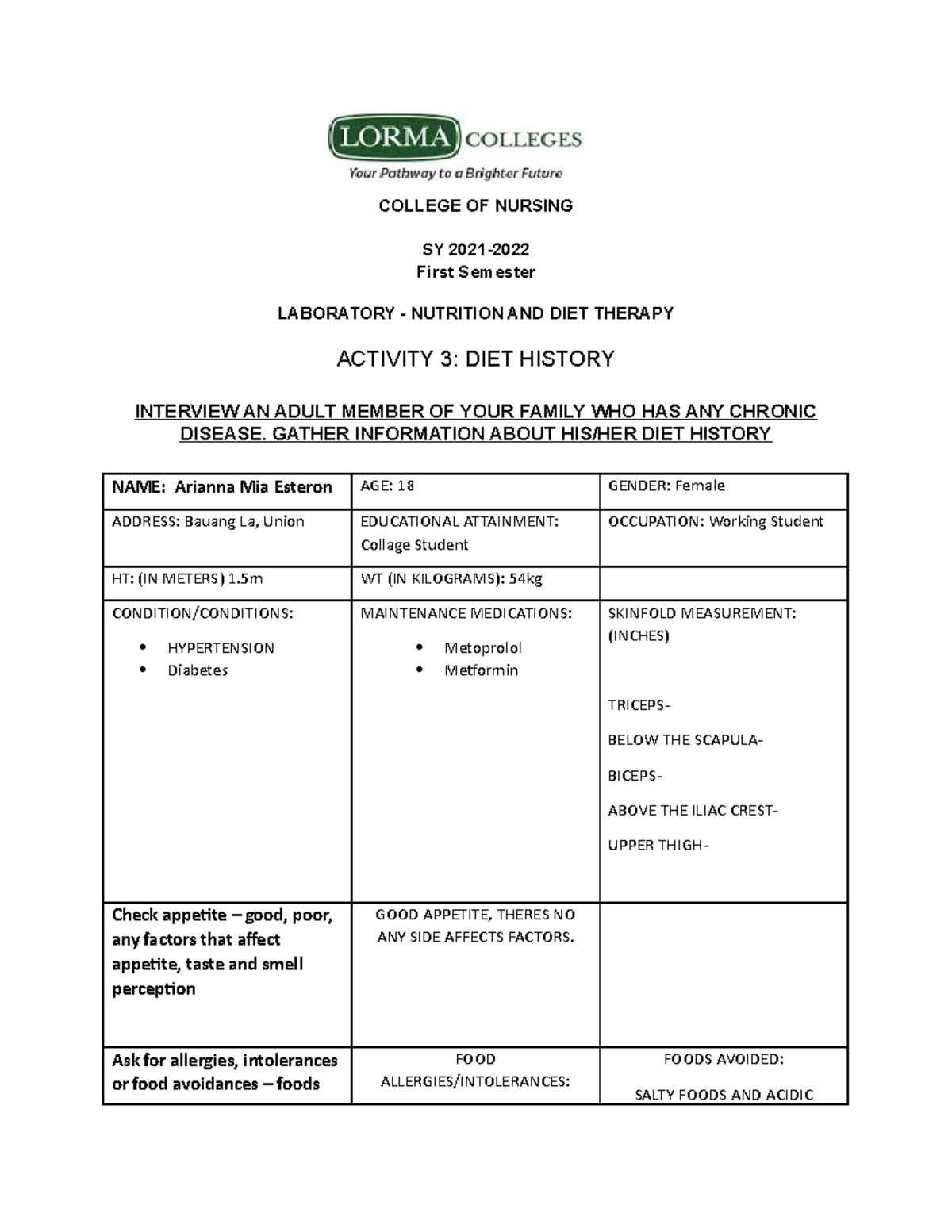 DIET History COLLEGE OF NURSING SY 2021 First Semester LABORATORY