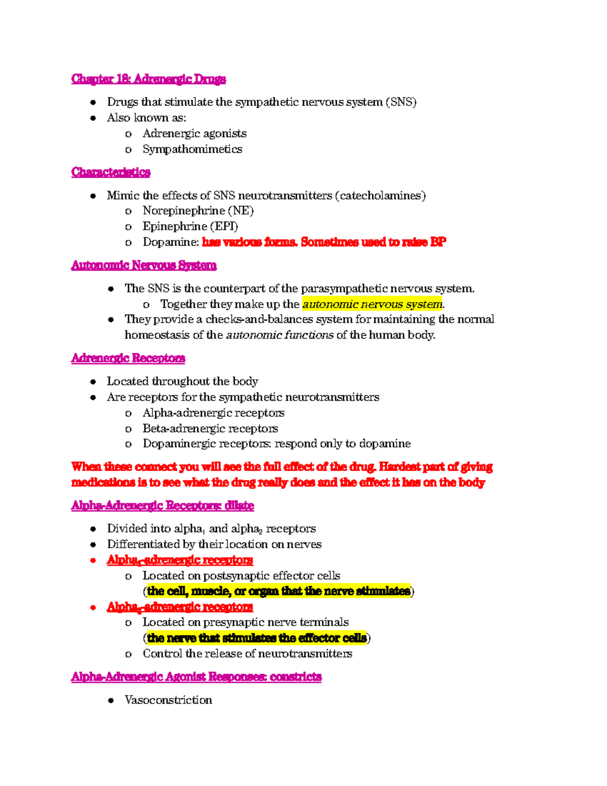 Chapter 18 Adrenergic Drugs Notes - Chapter 18: Adrenergic Drugs Drugs ...