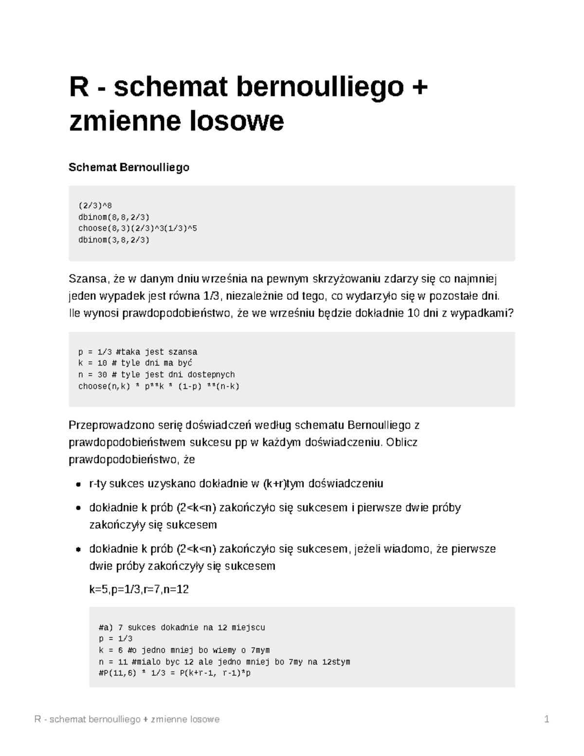 R - schemat bernoulliego i zmienne losowe - R - schemat bernoulliego ...