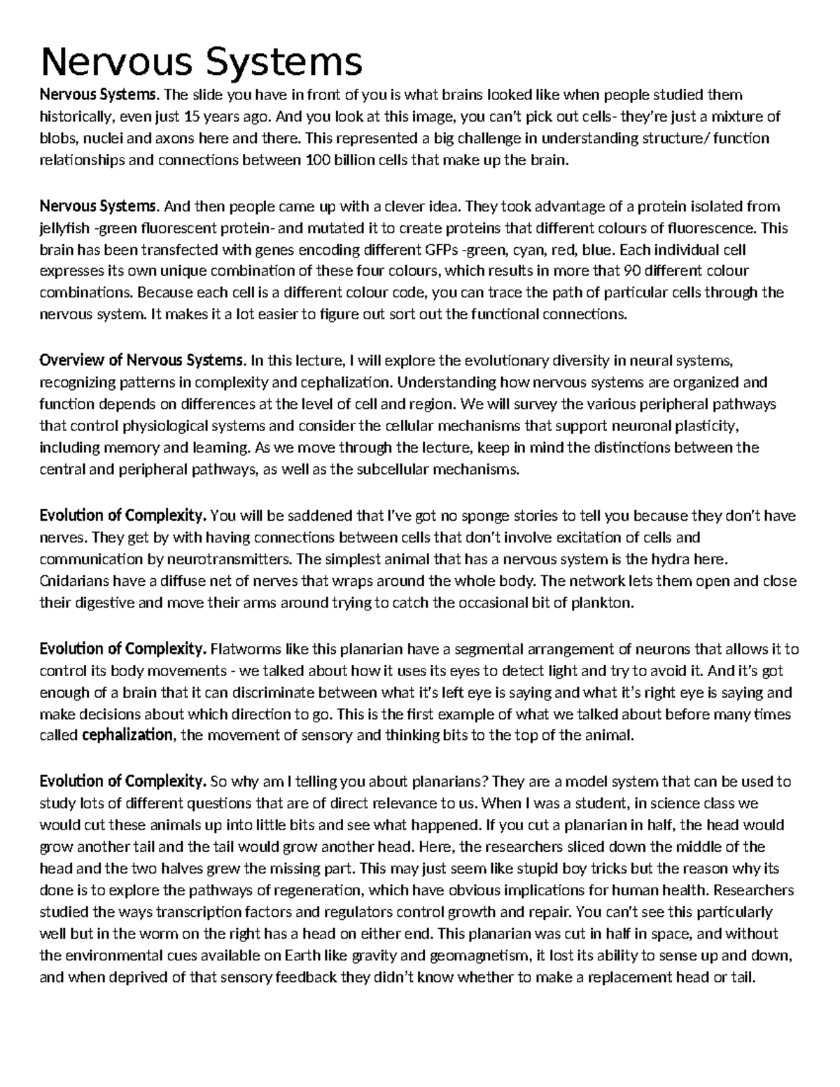 15 Nervous systems transcript - Nervous Systems Nervous Systems. The ...