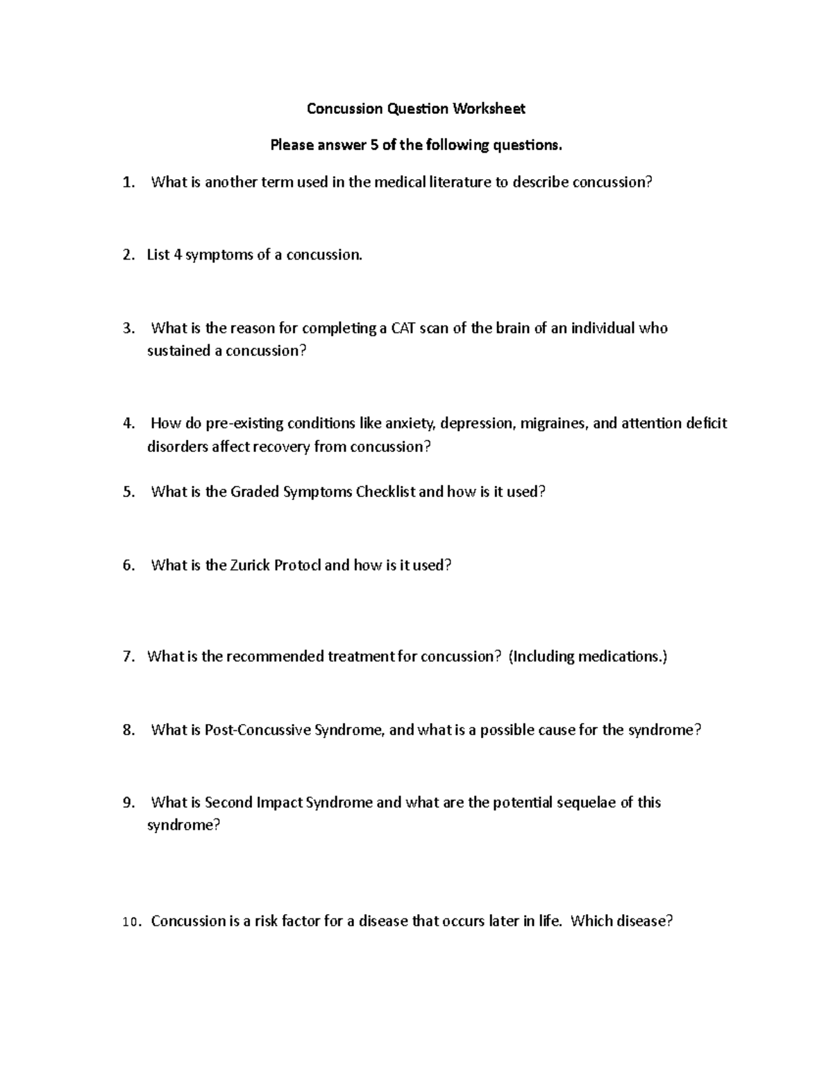 Concussion Question Worksheet - Concussion Question Worksheet Please ...