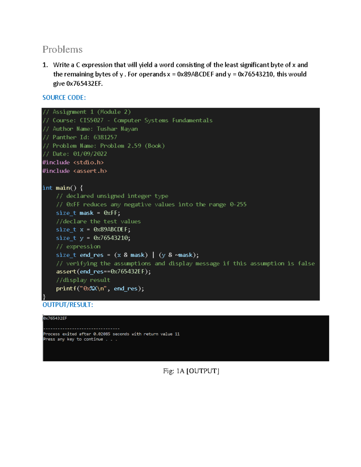 H1-Computer System Fundamentals - Problems 1. Write a C expression that ...