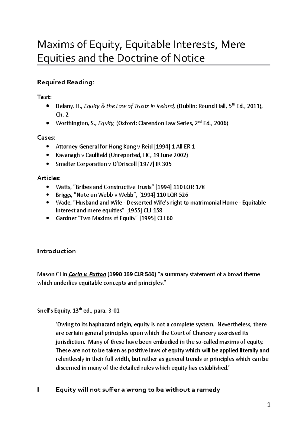 Maxims Of Equity - Lecture Notes 2 - Maxims Of Equity, Equitable ...