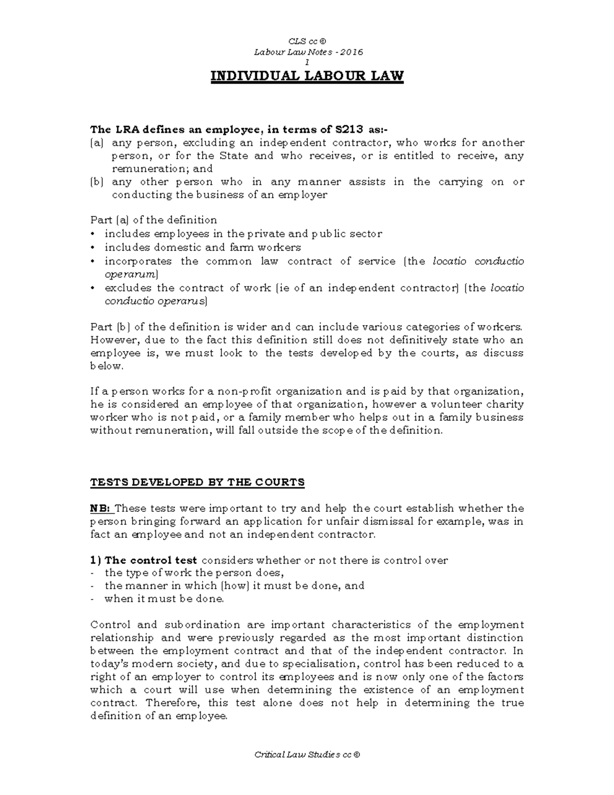Labour law summary notes - Labour Law Notes - 2016 1 INDIVIDUAL LABOUR ...