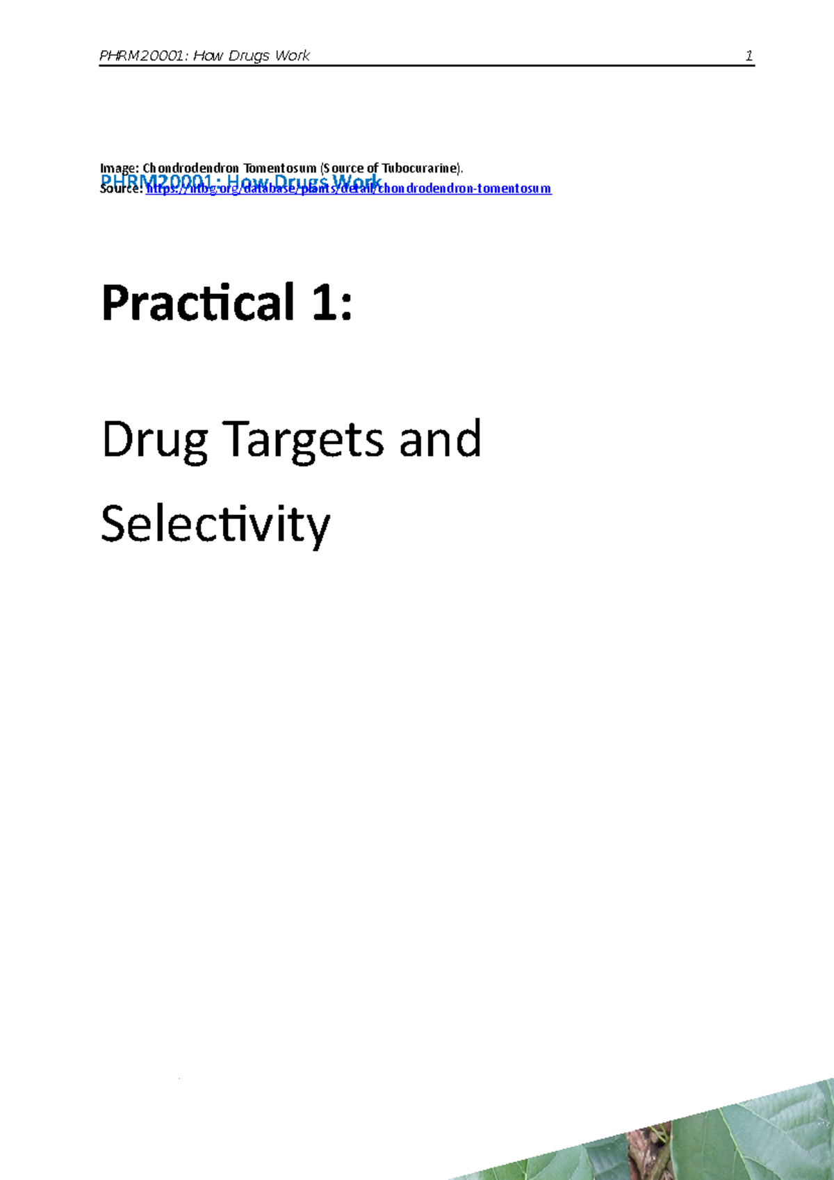 Pharmacology Practical 1 PHRM20001 How Drugs Work Practical 1 Drug