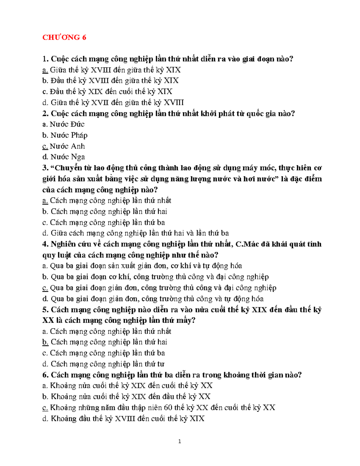 Câu hỏi trắc nghiệm chương 6 - 1 CHƯƠNG 6 1. Cuộc cách mạng công nghiệp ...