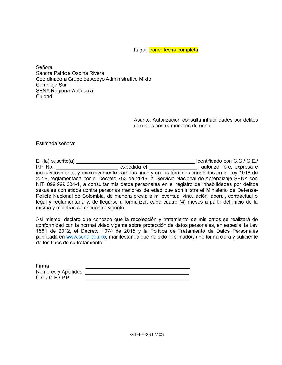 Gth F 231 V3 Formato Autorizacion Consulta Inhabilidades Delitos Sexuales Itaguí Poner Fecha 4117