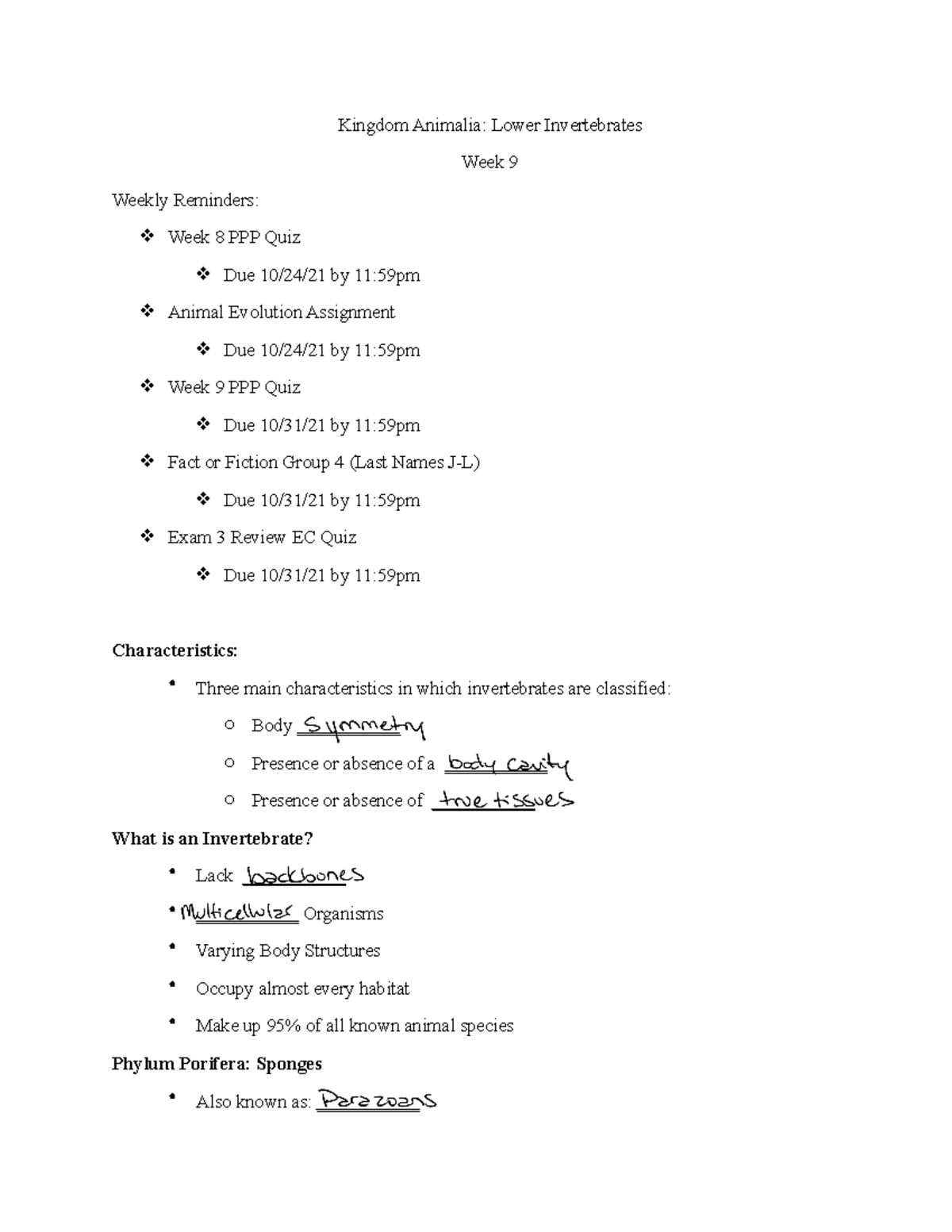 LL+-+Week+9+-+Follow+Along+Sheet - Kingdom Animalia: Lower ...