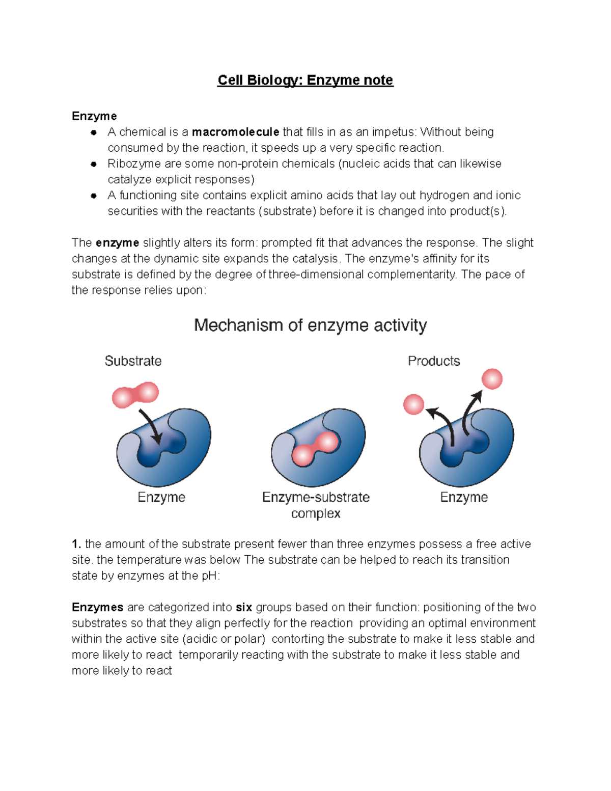 Cell Biology Enzyme note Cell Biology Enzyme note Enzyme A chemical