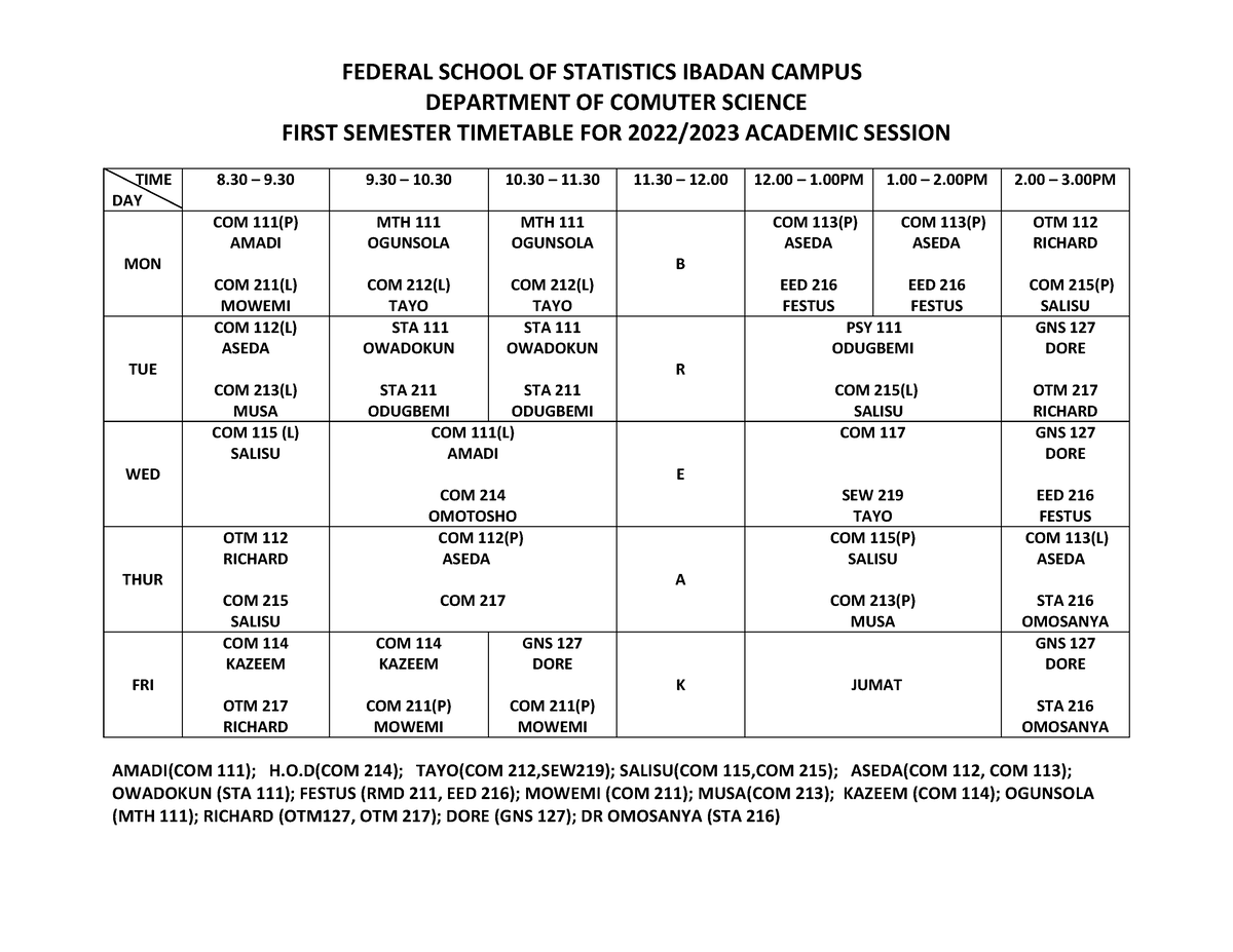 first-semester-time-table-2-federal-school-of-statistics-ibadan