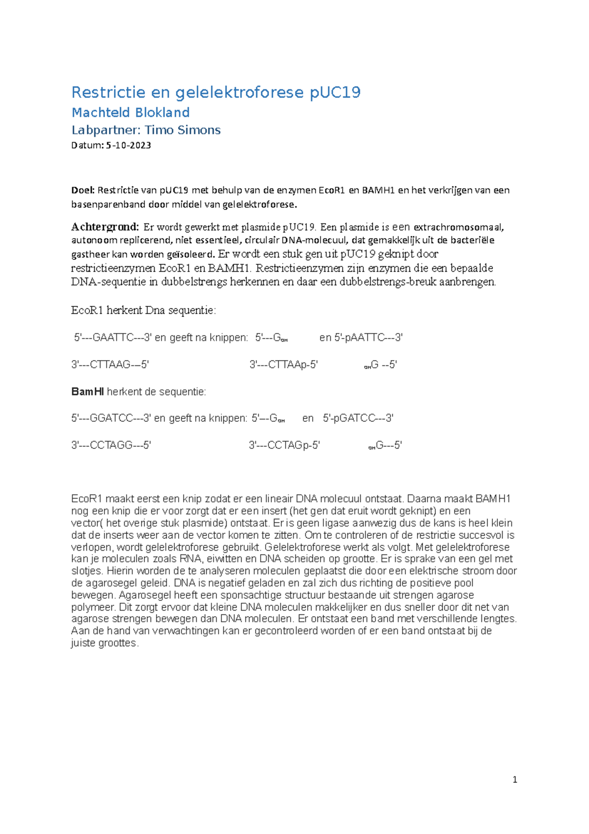 labjournaal Restrictie en gelelektroforese p UC19 - Restrictie en ...