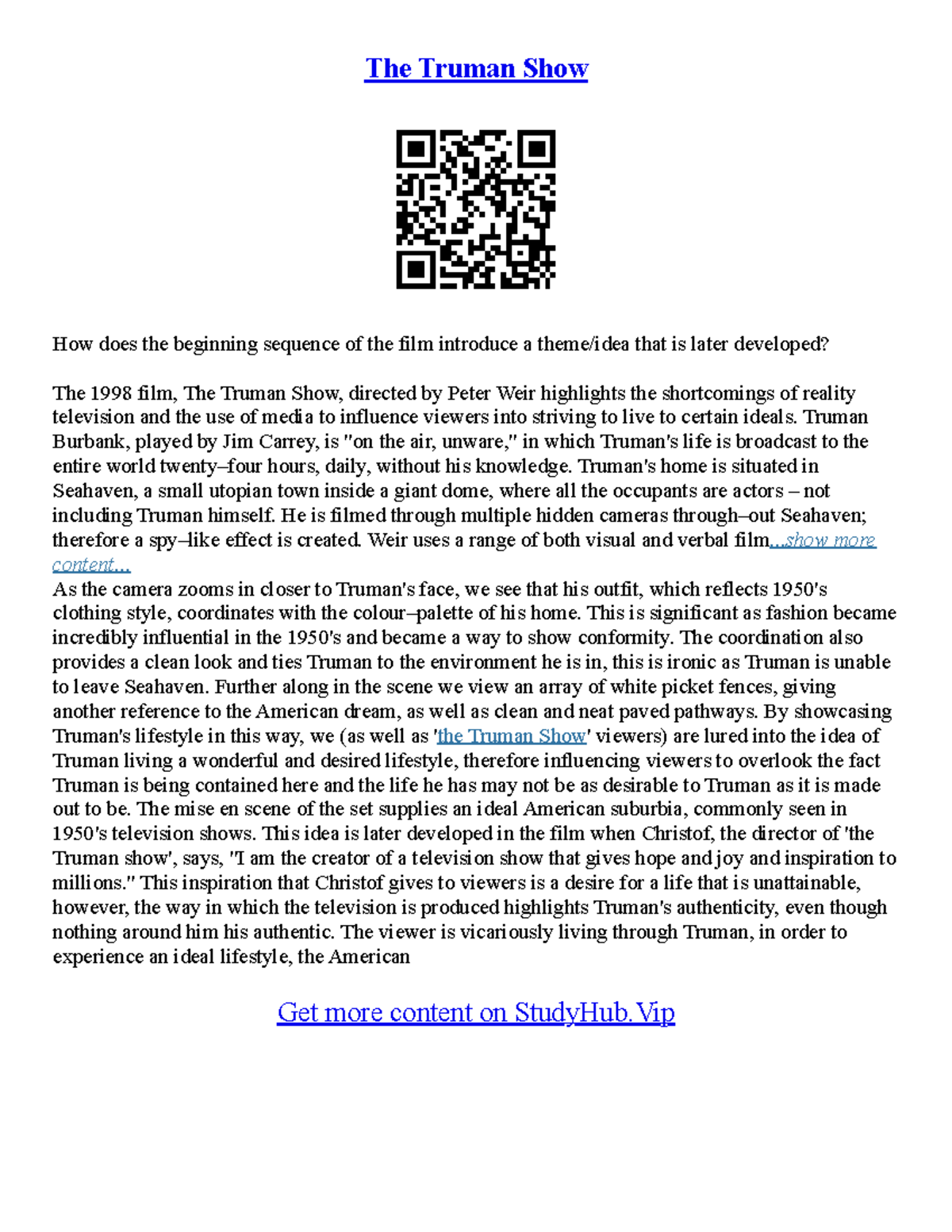 The Truman Show Essay The Truman Show How does the beginning sequence