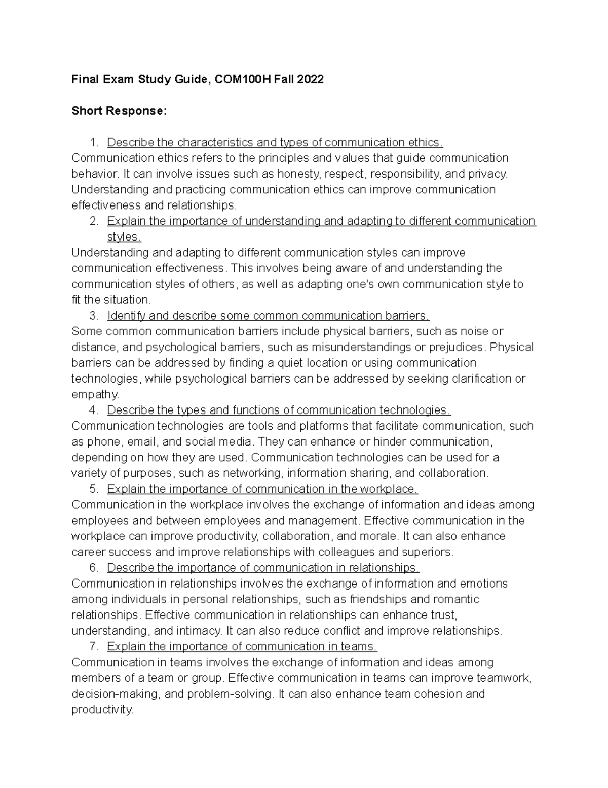 COM100H Final Exam Study Guide - Final Exam Study Guide, COM100H Fall ...