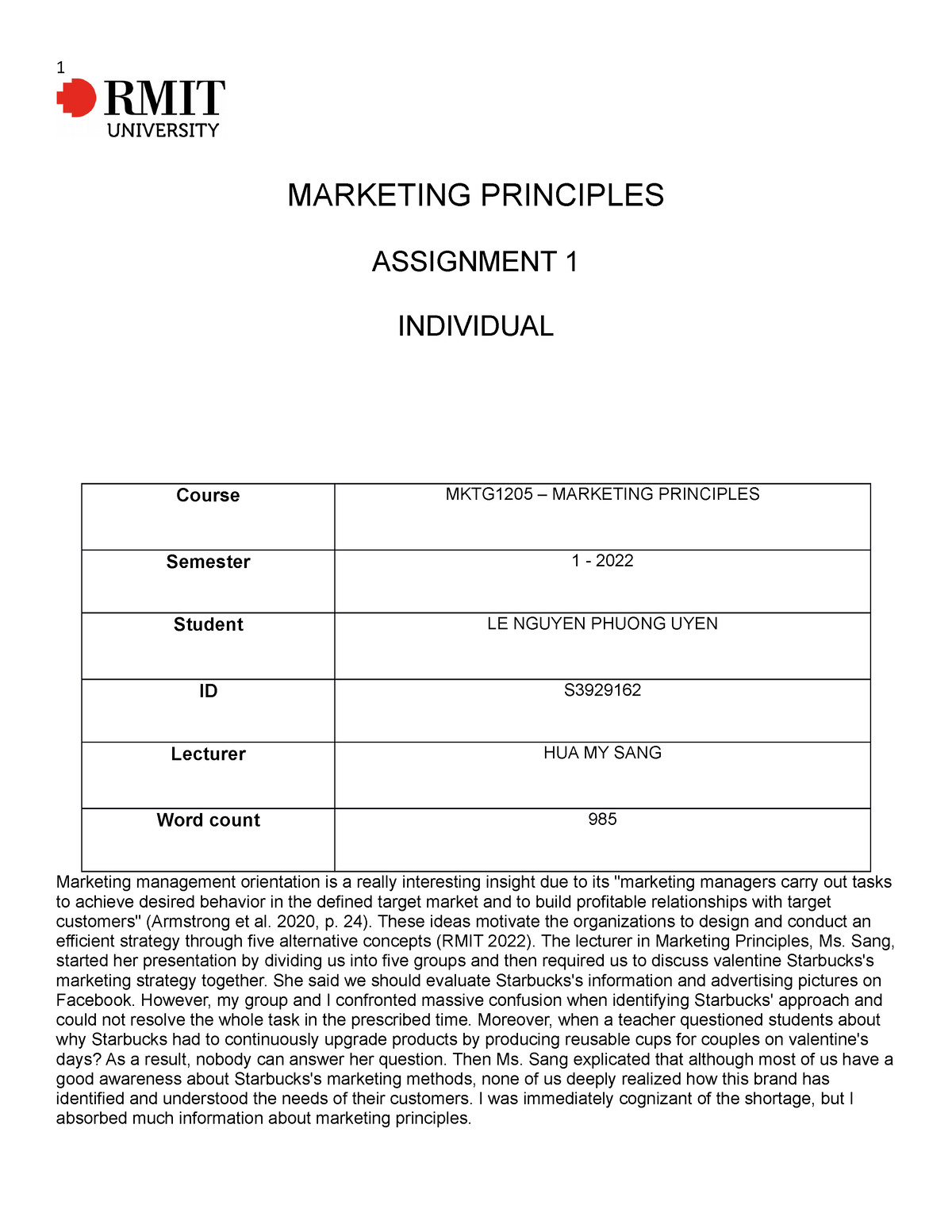 marketing principles rmit assignment 1