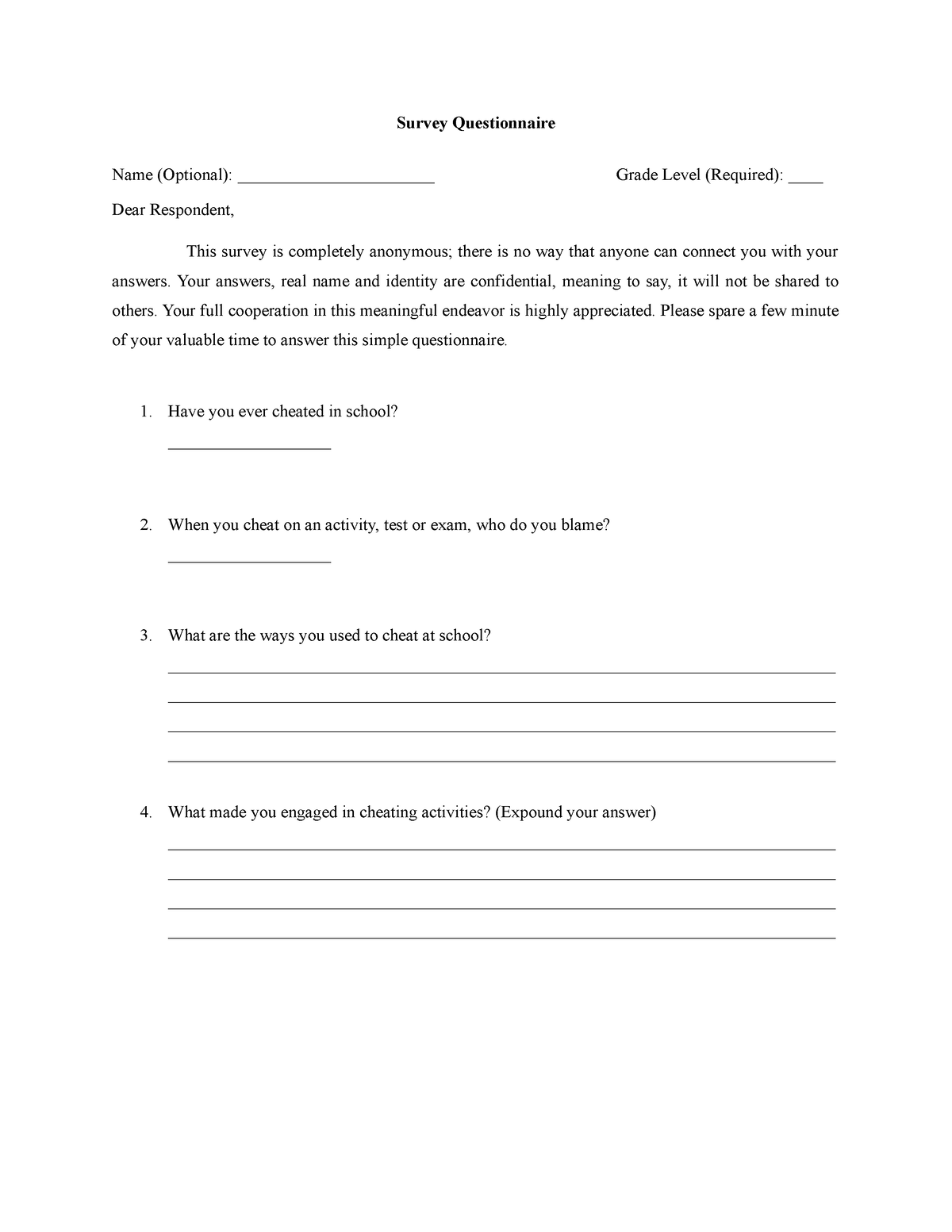 Survey Questionnaire Survey Questionnaire Name Optional Grade Level 7423