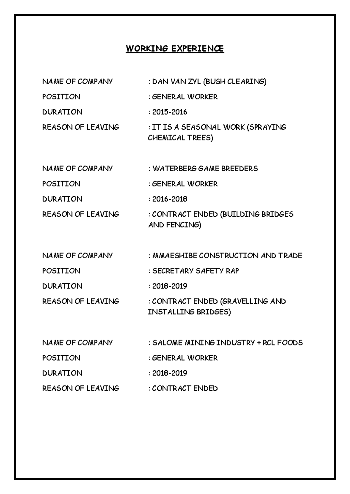 My documents - currently studying - WORKING EXPERIENCE NAME OF COMPANY ...