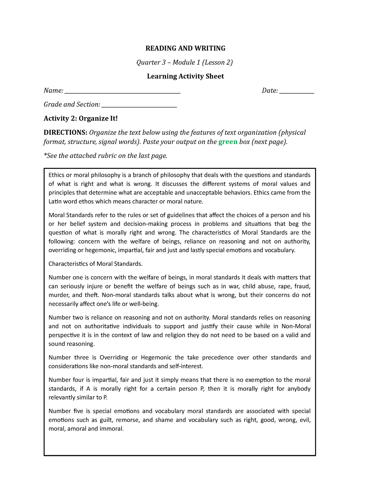 Learning Activity Sheet 2 READING AND WRITING Quarter 3 Module 1