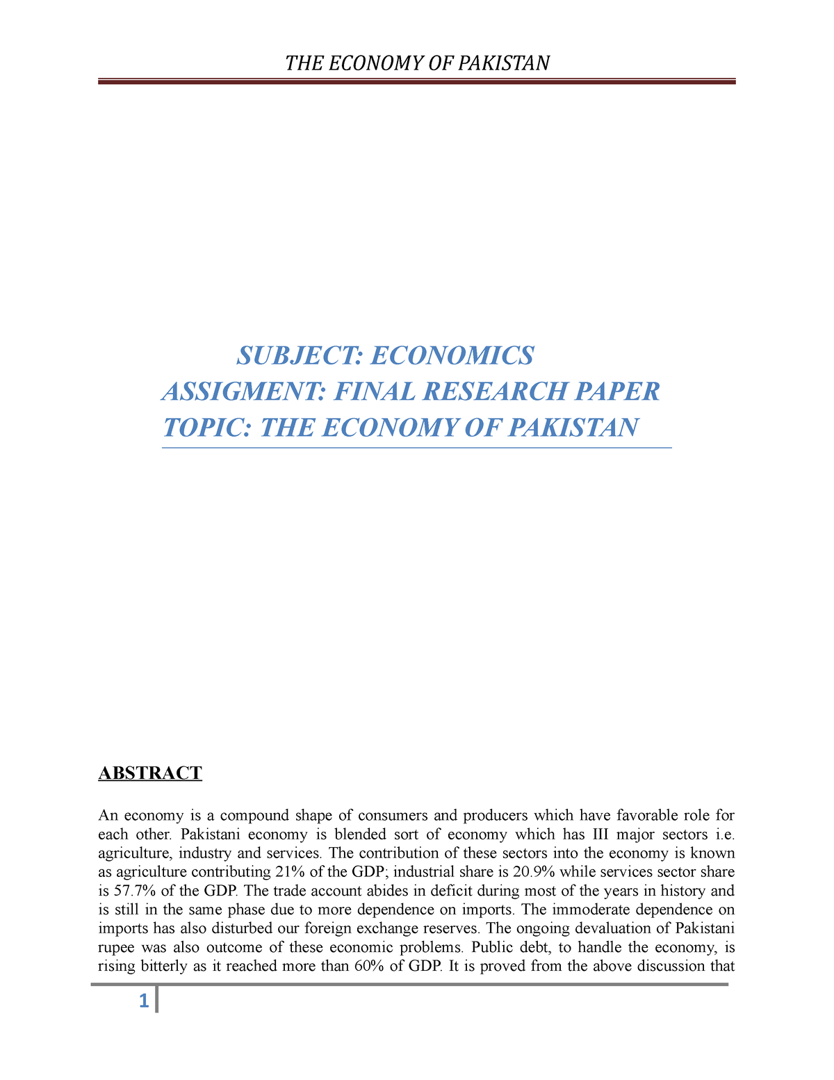 research proposal on economy of pakistan