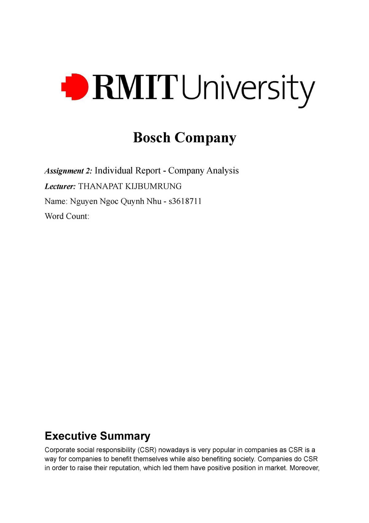 CSR of Bosch Lecture notes 5 Bosch Company Assignment 2