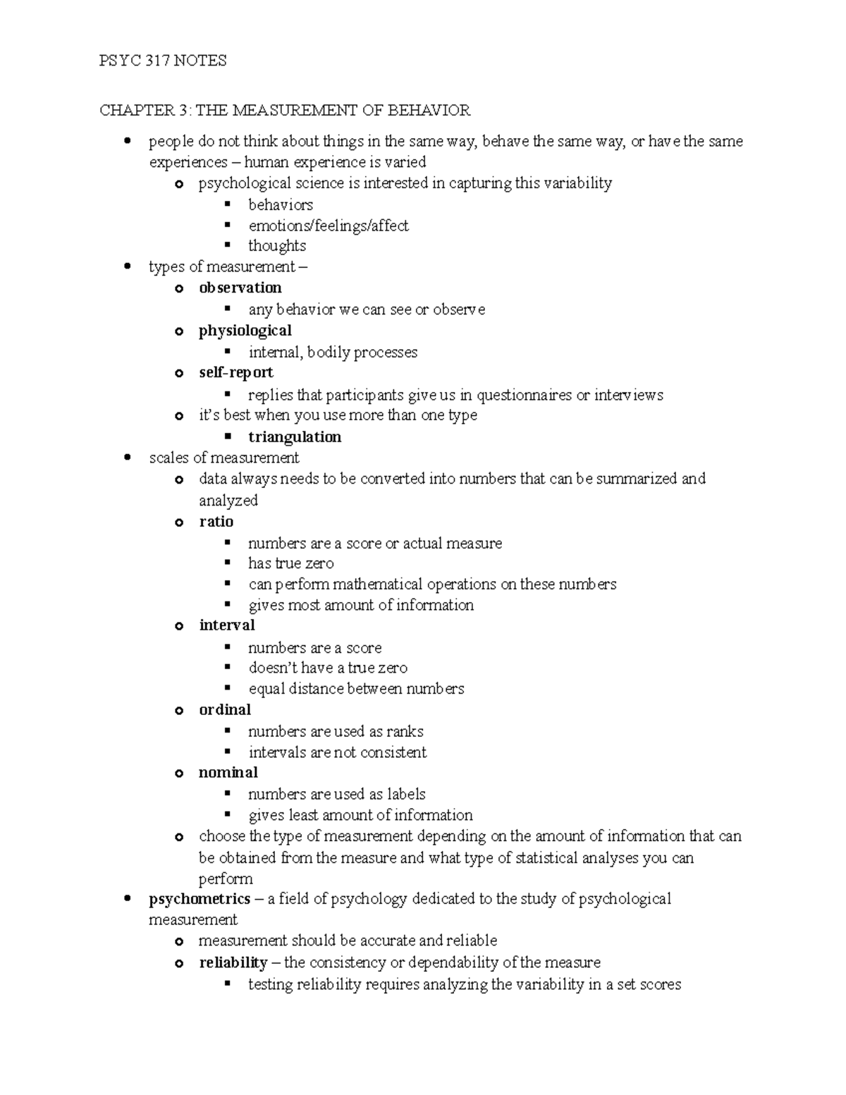 Chapter 3 & 16 Notes - PSYC 317 NOTES CHAPTER 3: THE MEASUREMENT OF ...